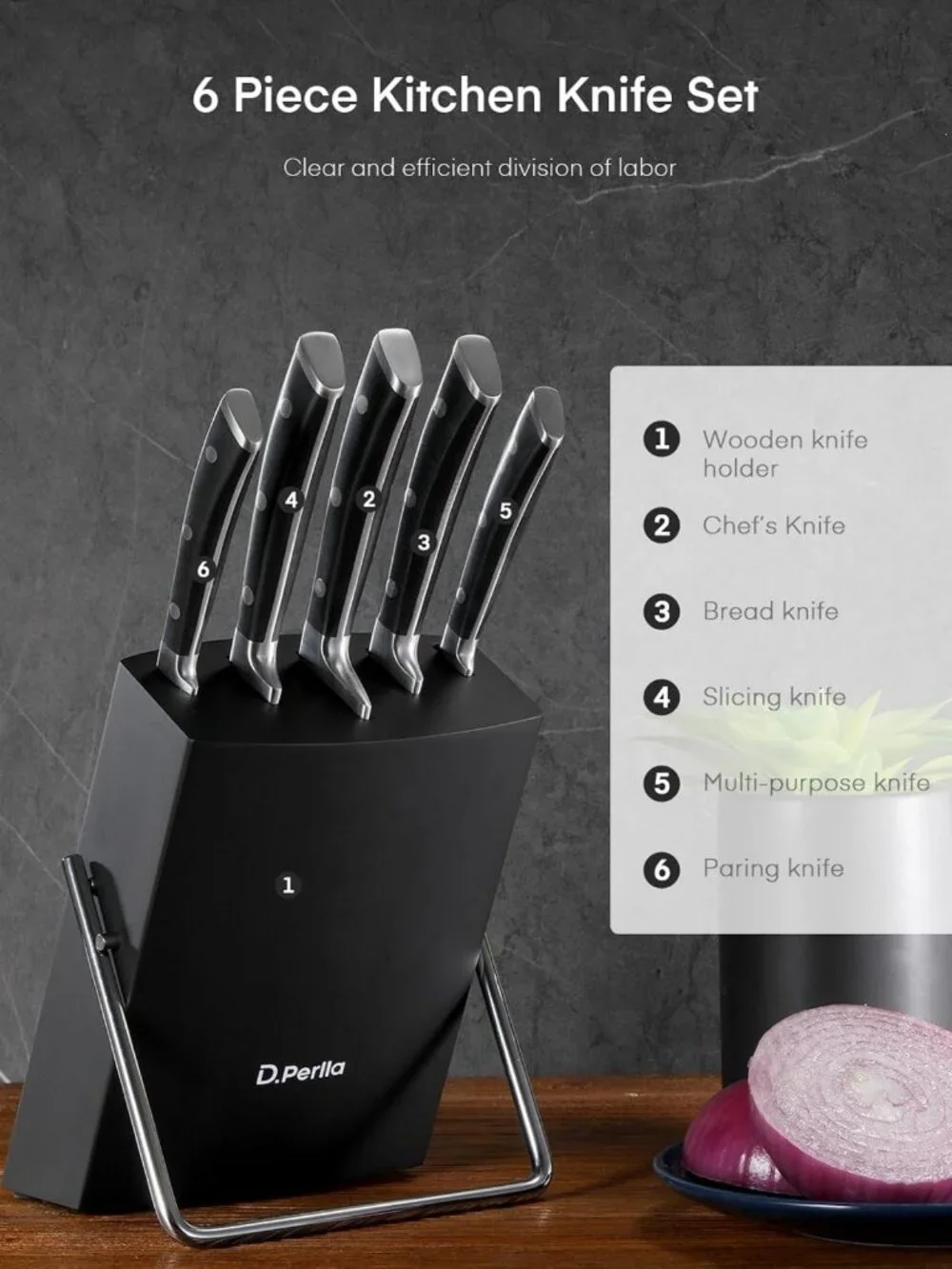 6-Piece Small Kitchen Knife Set with Block, German Stainless Steel, Sharp Chef